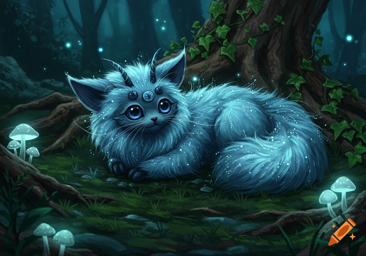 A fluffy blue fantasy creature with multiple eyes and small horns rests in a magical forest with glowing mushrooms.