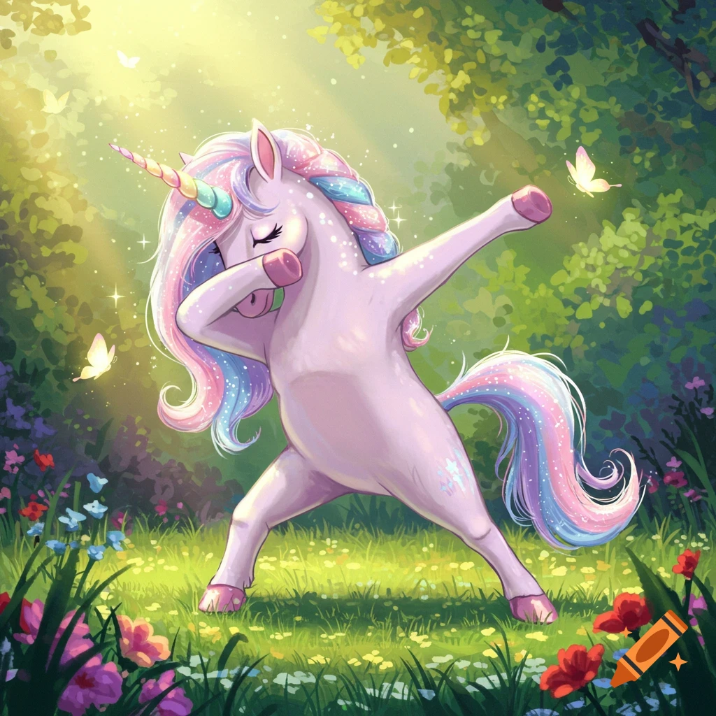 A pink cartoon unicorn with rainbow mane and tail dabbing in a sunlit fantasy forest with butterflies and colorful flowers.