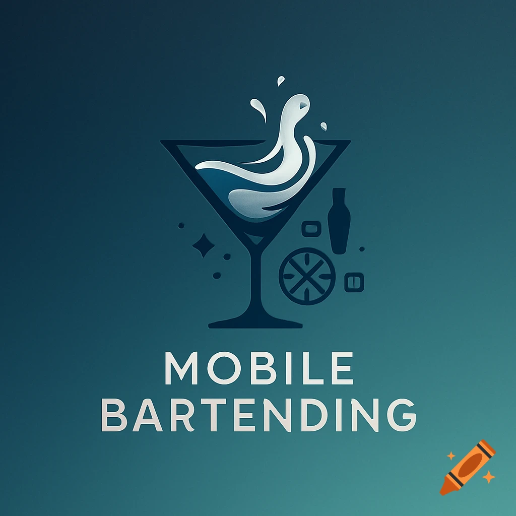 A minimalist logo featuring a blue cocktail glass with a splash, a shaker, and a citrus slice, with 'MOBILE BARTENDING' text below.