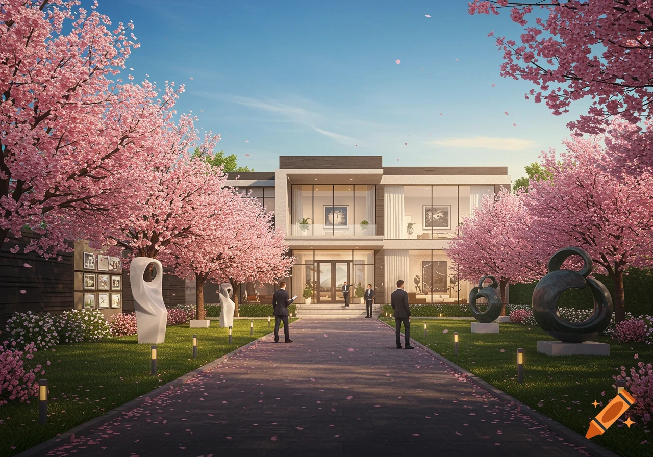 A photorealistic modern house with large windows, surrounded by vibrant pink cherry blossom trees, with men standing on a paved walkway.