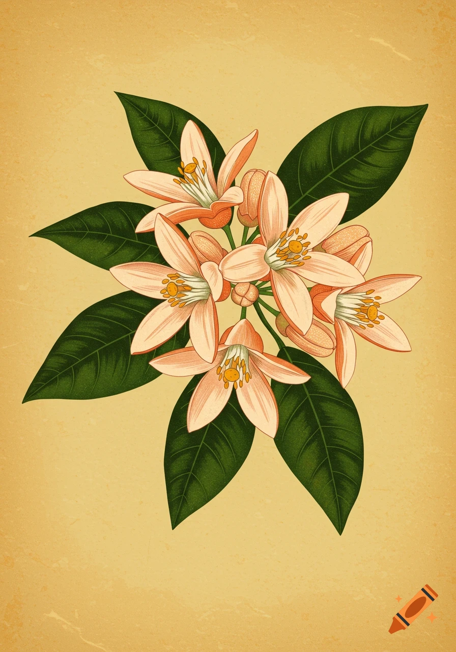 A retro botanical illustration of light orange blossoms with green leaves on a textured, aged background.