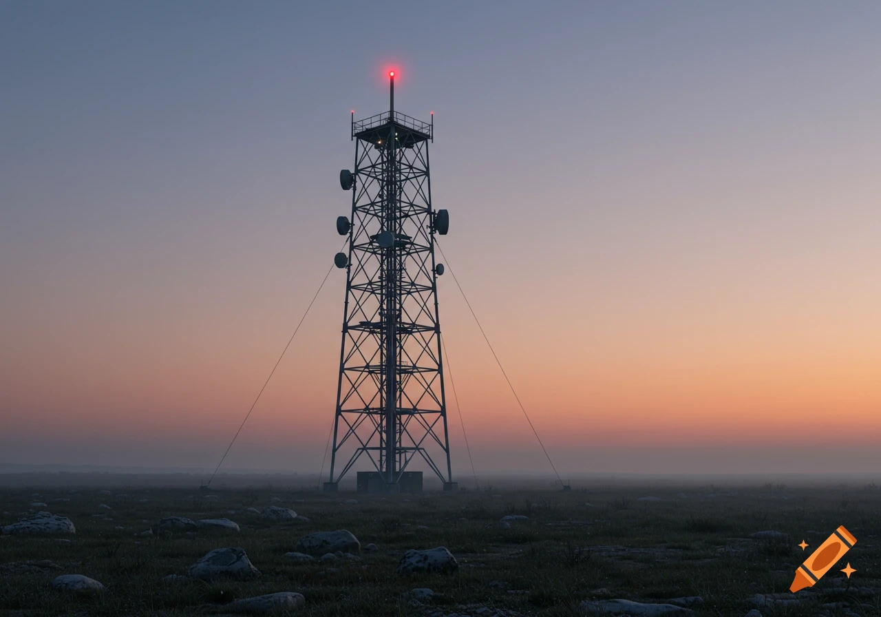 A tall communication tower with a red light on top stands in a misty, rocky field against a sunrise sky.