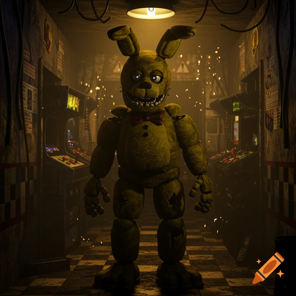 A creepy, damaged yellow-green animatronic rabbit with glowing white eyes and a red bowtie stands in a dark, dilapidated arcade hallway with old machines.