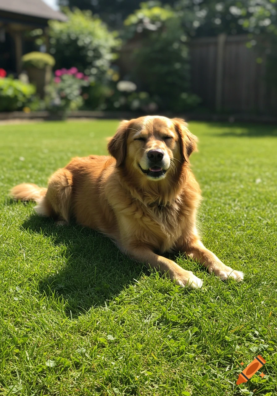 A golden retriever dog lies on a sunny green lawn with its eyes closed, appearing content.