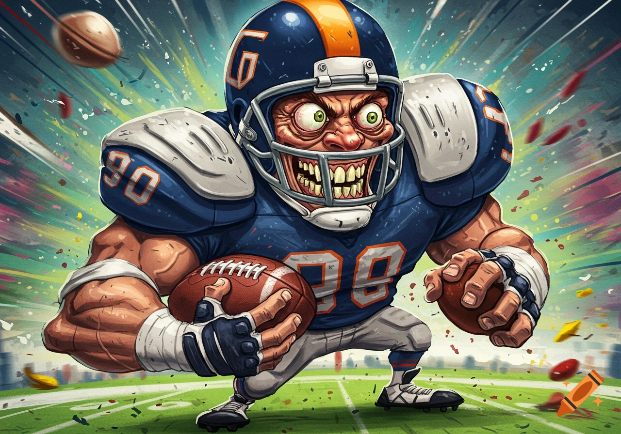 An exaggerated, snarling cartoon football player in a blue and orange uniform, holding a football with a chaotic, colorful background.