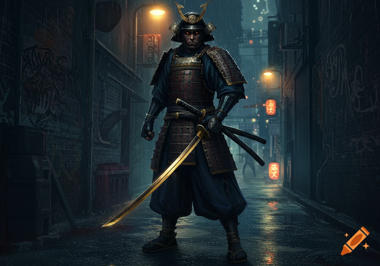 A menacing samurai stands in a dark, rainy city alley, holding a glowing golden katana.