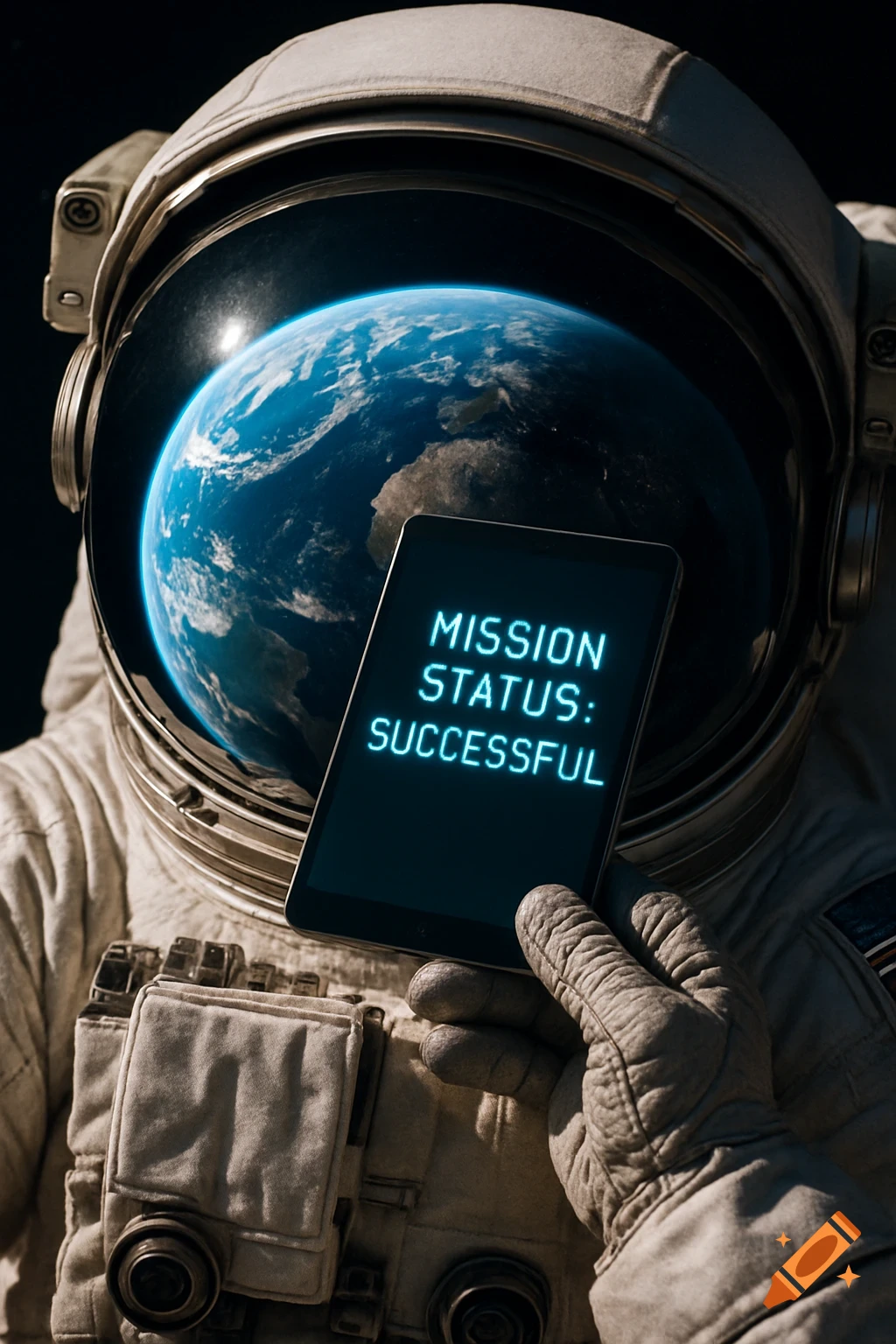 Close-up of an astronaut in space holding a tablet showing 'MISSION STATUS: SUCCESSFUL', with Earth reflected in the helmet visor.