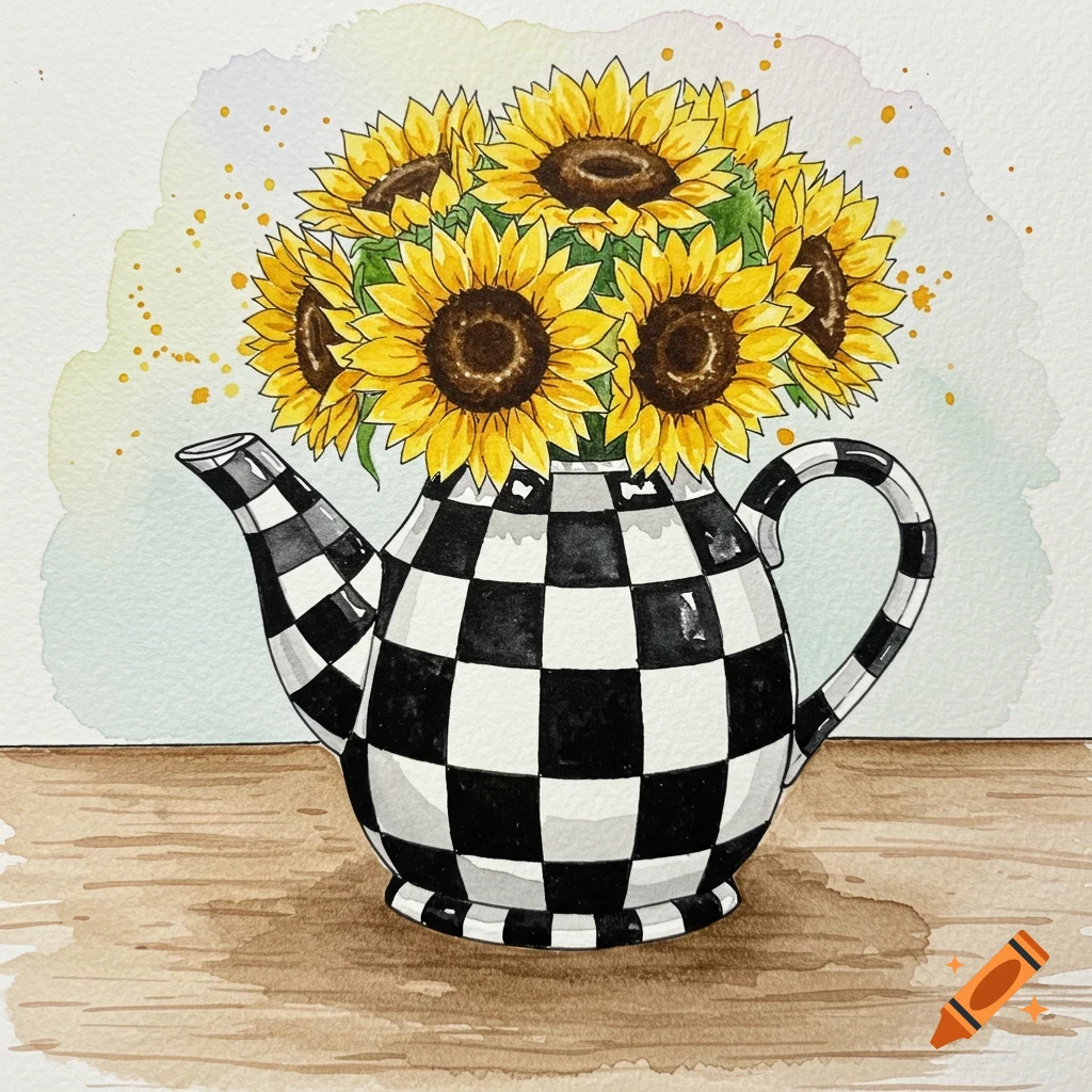 Watercolor painting of sunflowers in a black and white checkered teapot on a wooden table.