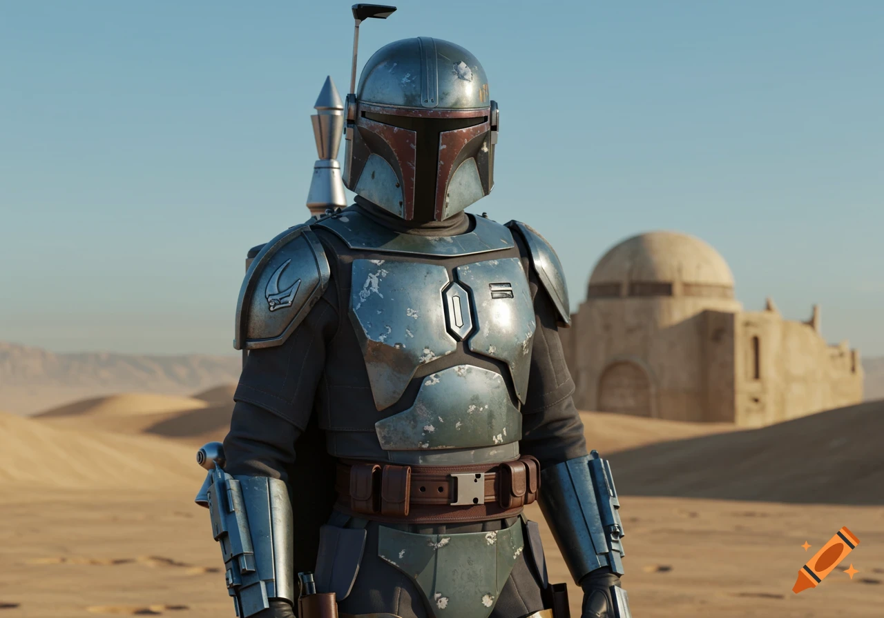 A Mandalorian-armored character stands in a desolate desert landscape under a clear sky, with a domed building in the background.