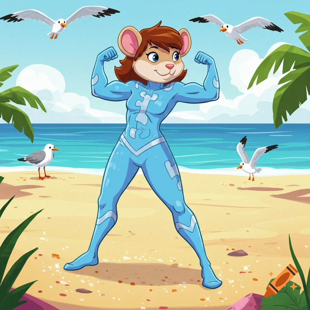A cartoon mouse superheroine in a blue suit with puzzle piece patterns flexes her muscles on a sandy beach with seagulls and palm trees.