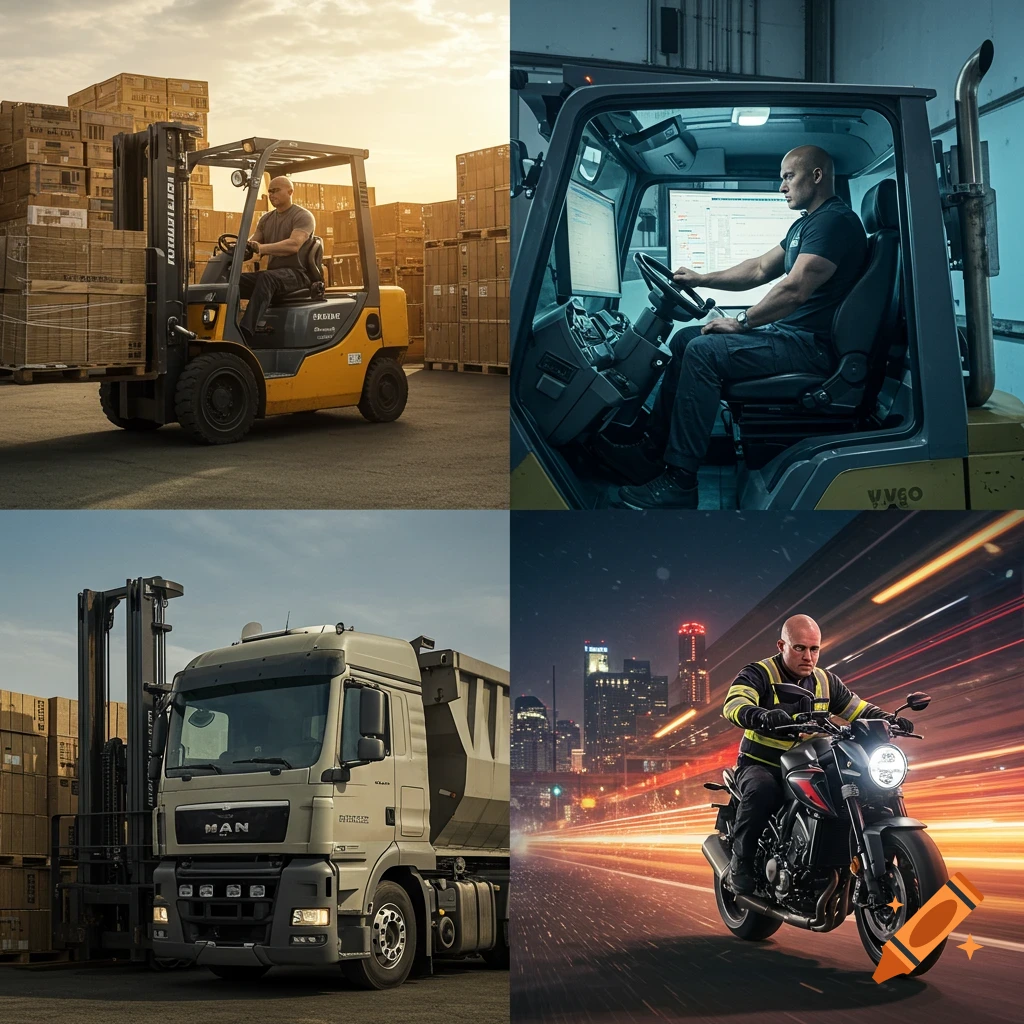 A quad panel image featuring a bald man in different roles: driving a forklift, sitting in a forklift cab looking at a screen, a truck next to crates, and riding a motorcycle at night.