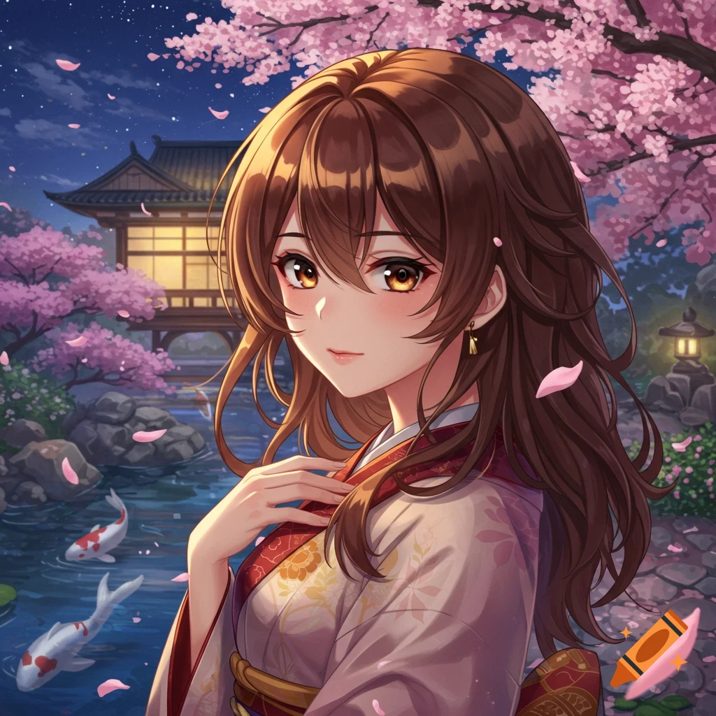 An anime woman with brown hair and eyes in a traditional kimono stands in a Japanese garden at night with cherry blossoms, a temple, and koi fish.