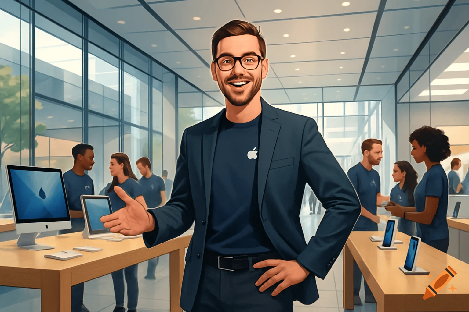 Smiling man in a suit jacket over an Apple t-shirt gestures in a brightly lit Apple Store with other employees and products.