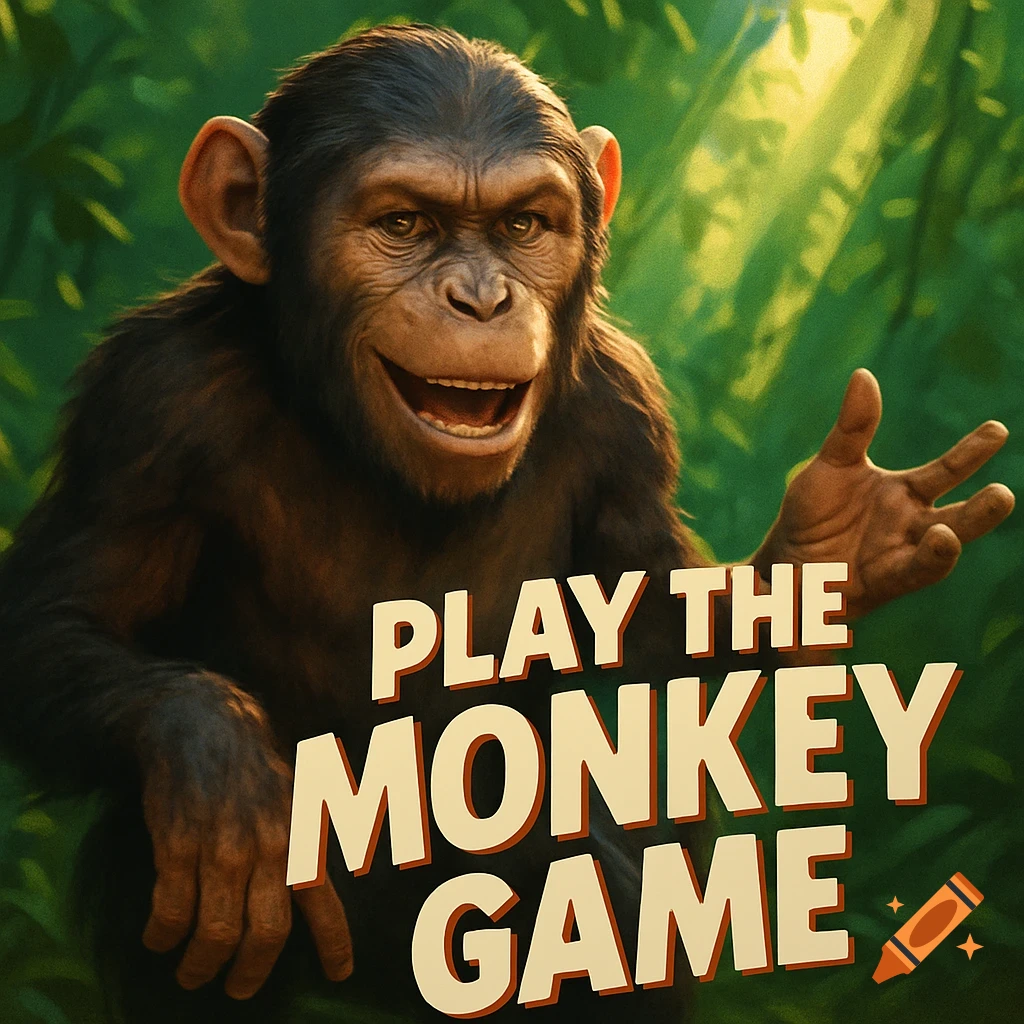 A smiling chimpanzee similar to Caesar from Planet of the Apes in a jungle, with bold text "PLAY THE MONKEY GAME."