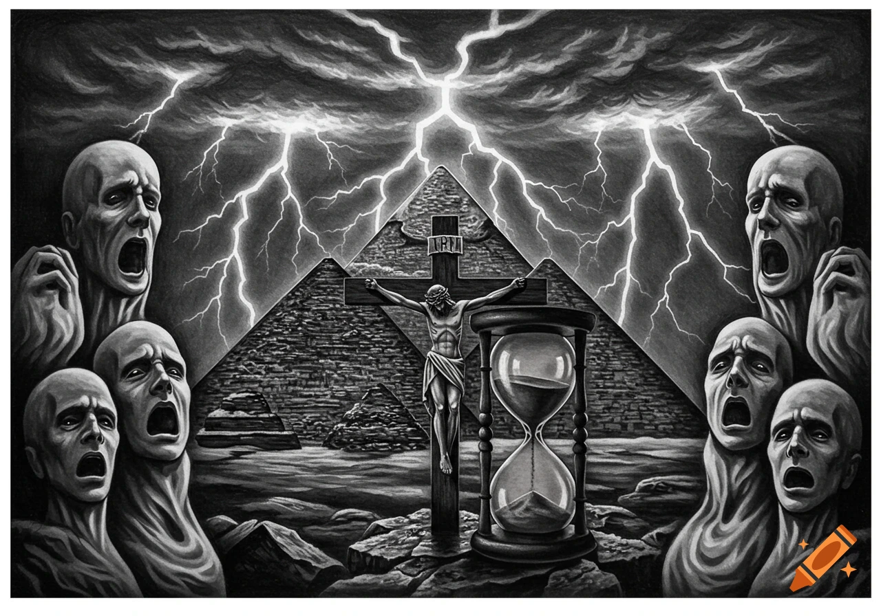 A dark, symbolic black and white drawing featuring Jesus on a cross before pyramids under a lightning storm, flanked by an hourglass and anguished, screaming figures.