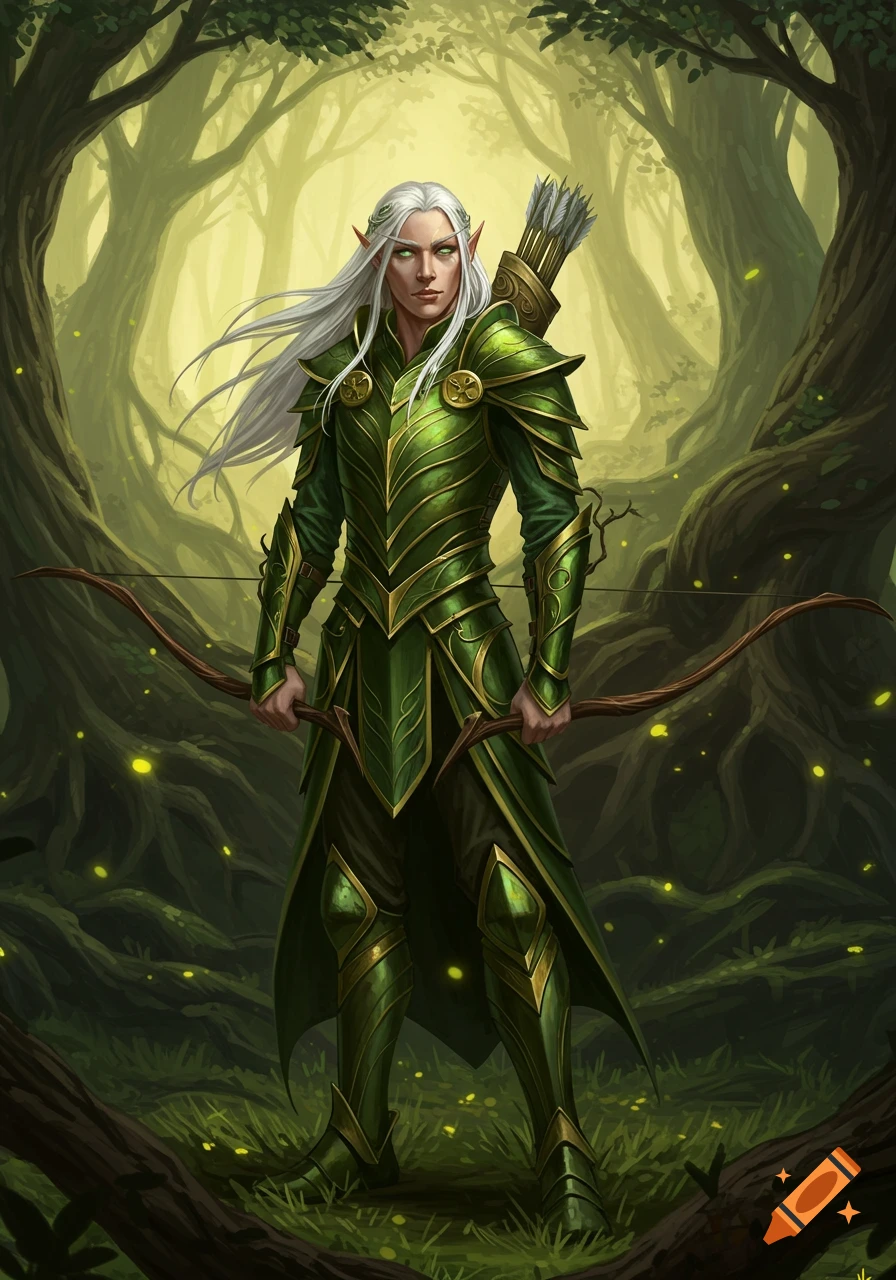 An elven warrior with long white hair and green armor stands in an enchanted forest, holding a bow with a quiver on their back.