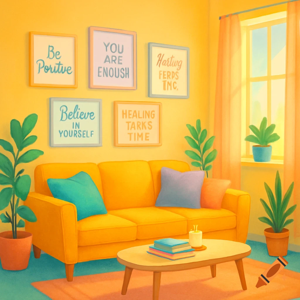 A brightly lit, cozy therapy office with yellow walls, a yellow sofa, and five framed inspirational quotes. Plants and a coffee table with books complete the inviting space.