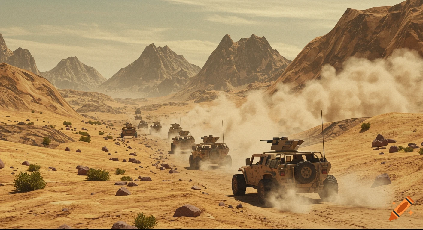 A military convoy of dusty buggies drives through a desert valley towards majestic mountains in a PS2 game aesthetic.