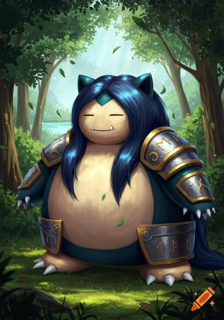 Snorlax from Pokemon wearing detailed fantasy armor and long blue hair, standing in a sunlit forest.