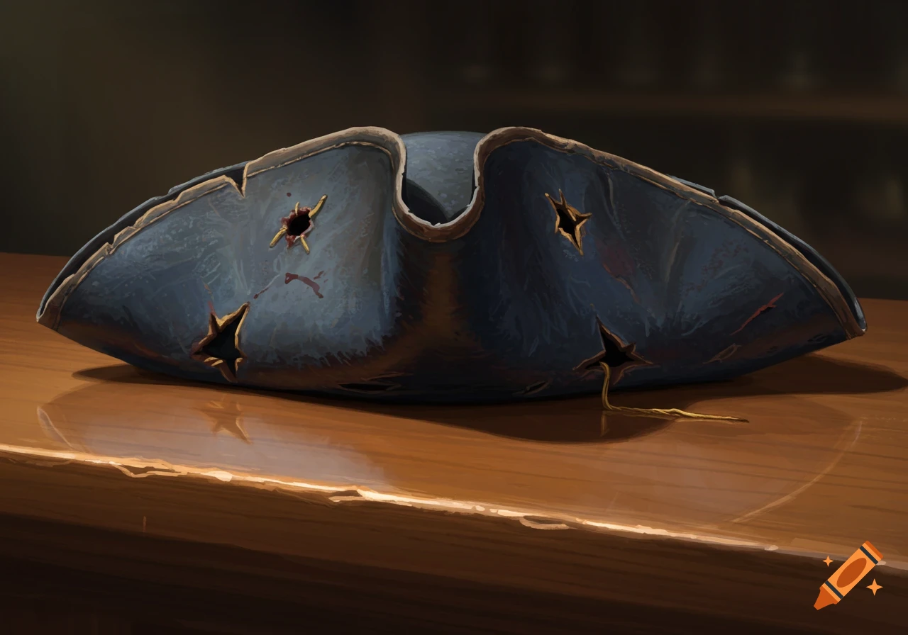 A worn, dark blue tricorn pirate hat with bullet holes, dry blood, and broken gold threads, sitting on a polished wooden counter.