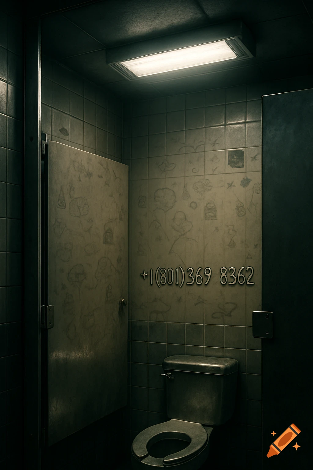 Photorealistic image of a grimy, dimly lit public bathroom stall with a toilet and an open door, featuring the phone number "+1(801)369 8362" carved into the tiled wall.