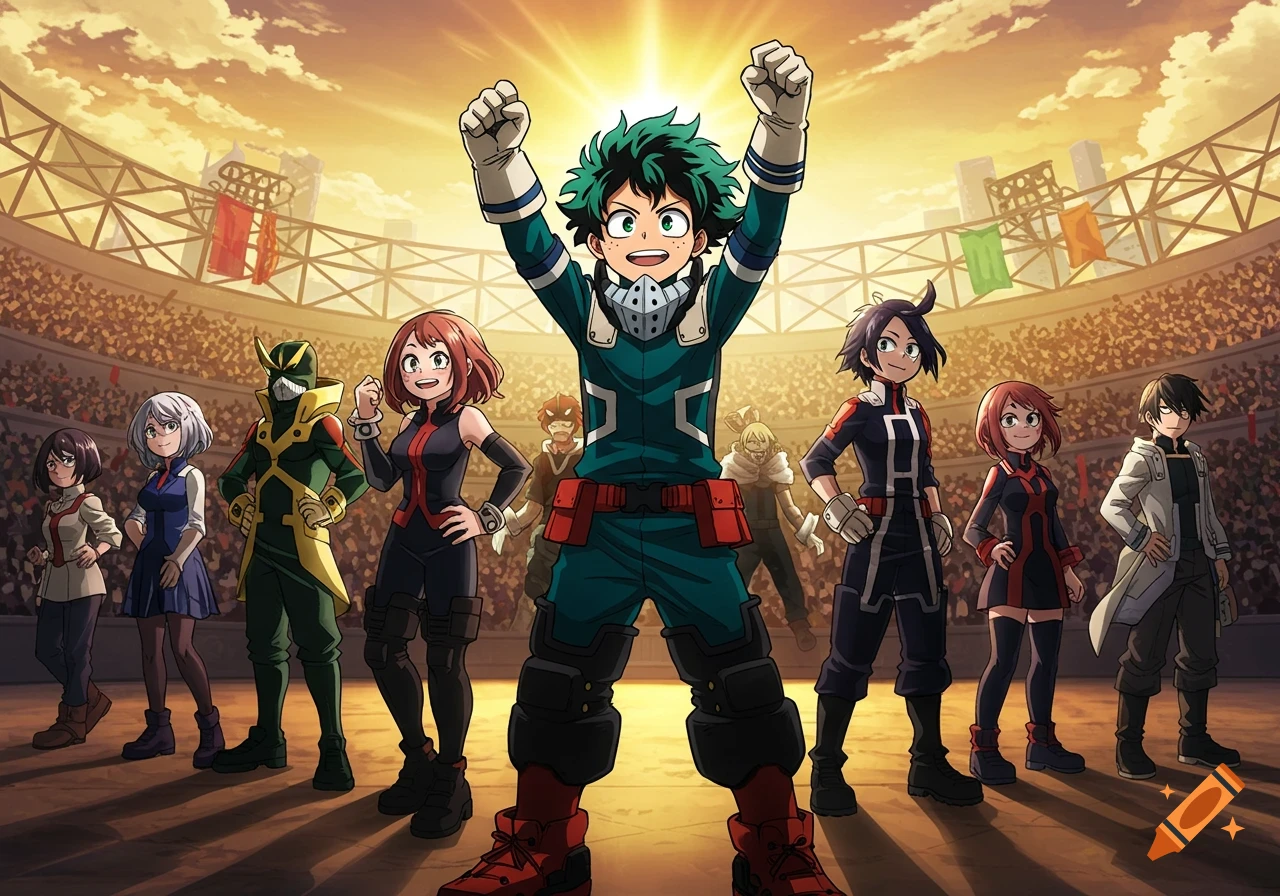 Anime-style image of My Hero Academia characters in a stadium, with Izuku Midoriya raising his fists in victory.