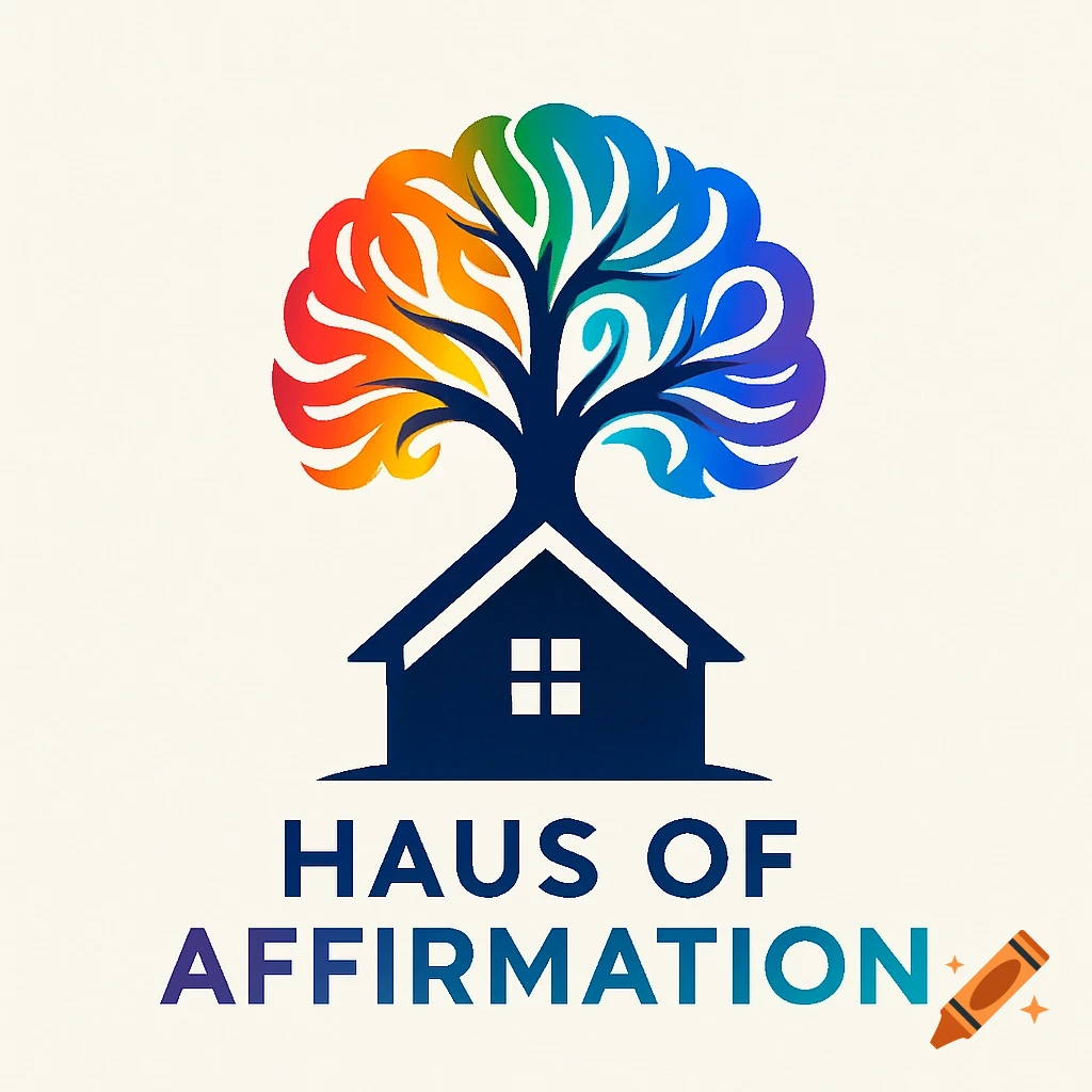 Logo with a dark blue house base supporting a tree with a vibrant, rainbow-colored canopy, above the text 'HAUS OF AFFIRMATION'.