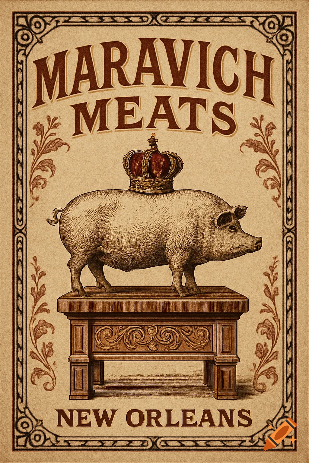 Vintage poster advertisement with an ornate border. A pig wearing a crown stands on a wooden table. Text: "MARAVICH MEATS NEW ORLEANS".