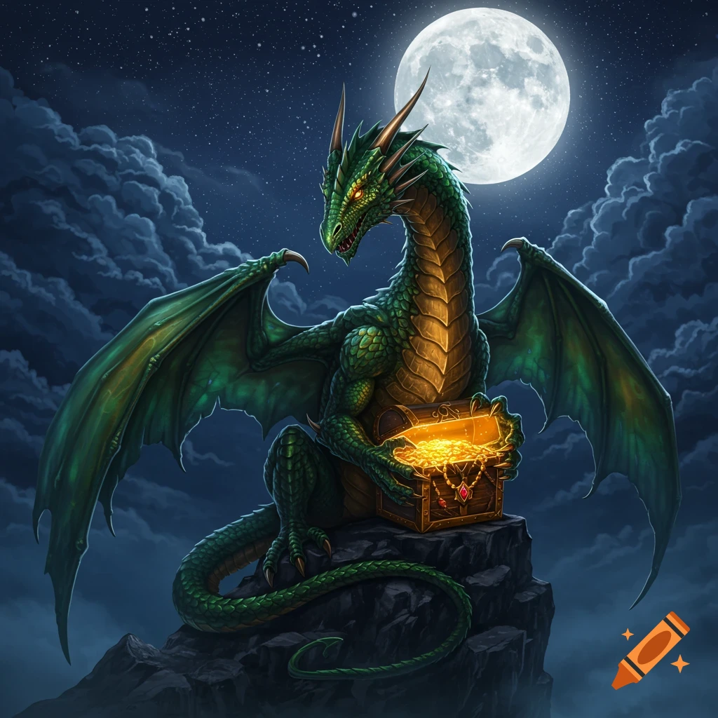 Green dragon sitting on a rock, holding an open treasure chest filled with gold under a full moon.