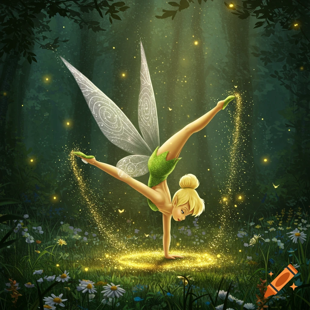 Tinker Bell doing a handstand in a magical forest, surrounded by