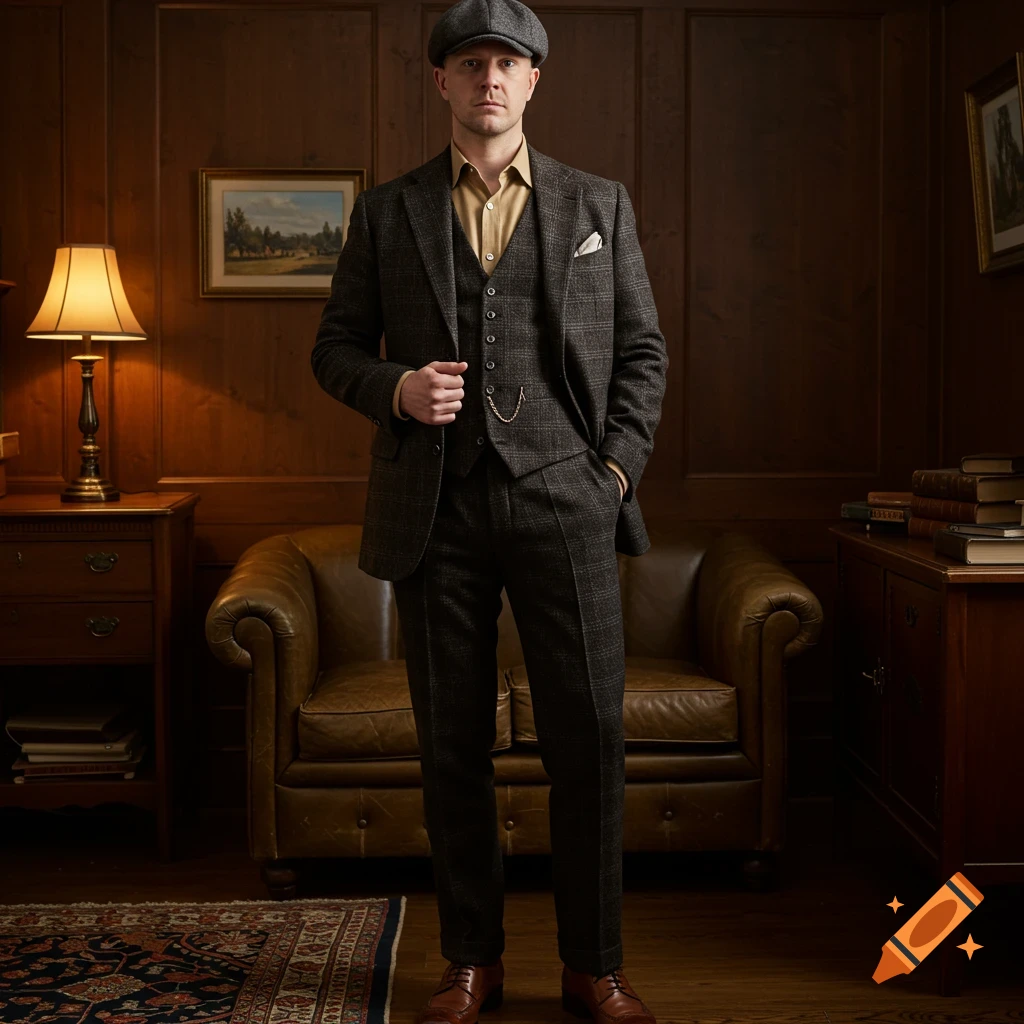 A man in a three-piece dark brown suit, tan shirt, and grey flat cap stands in a wood-paneled room.