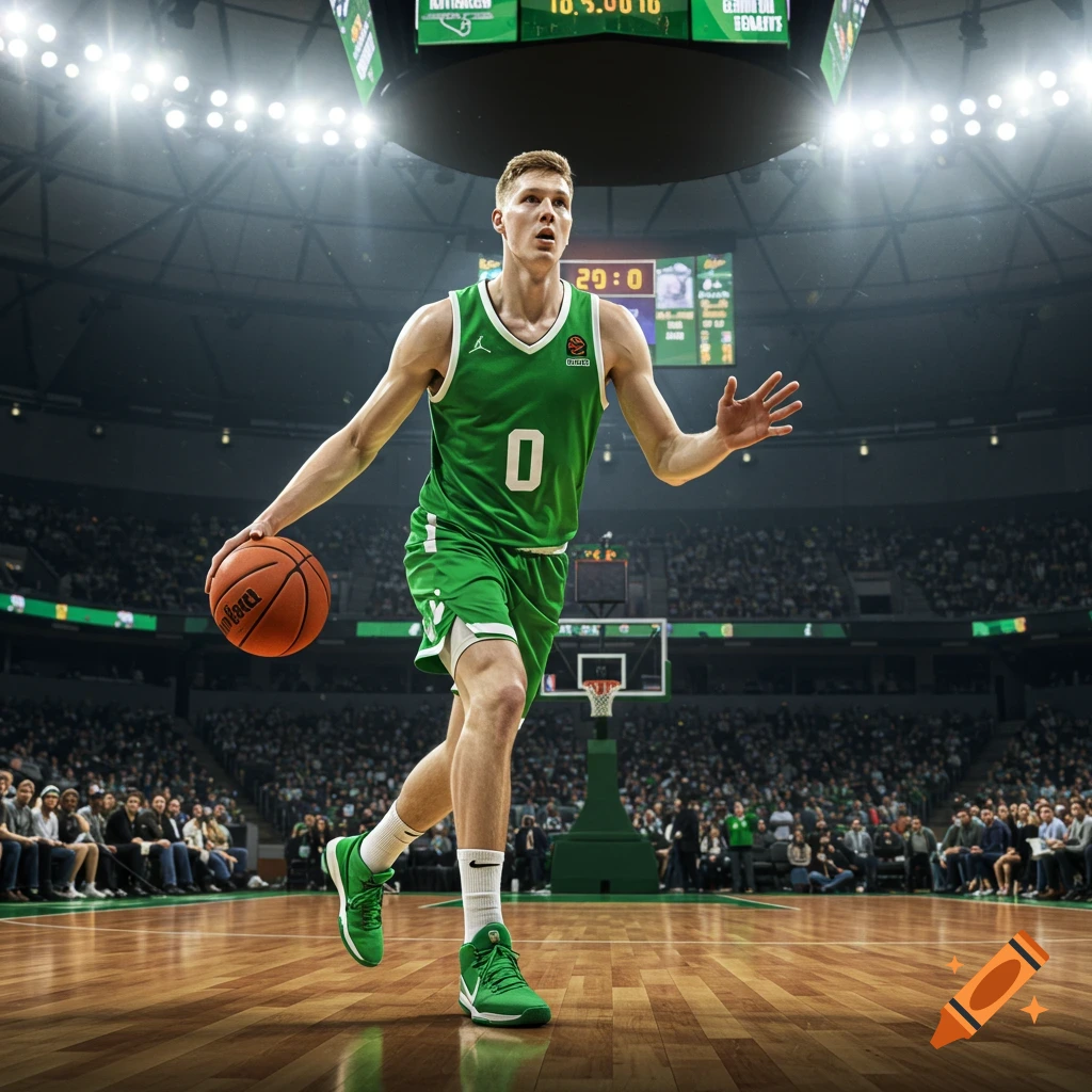 A white male basketball player in a green jersey with the number 0 dribbles a basketball on a court in a large stadium.