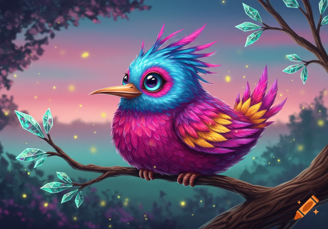 A vibrant, plump bird with blue, pink, and yellow feathers sits on a branch with glowing crystal leaves at twilight.