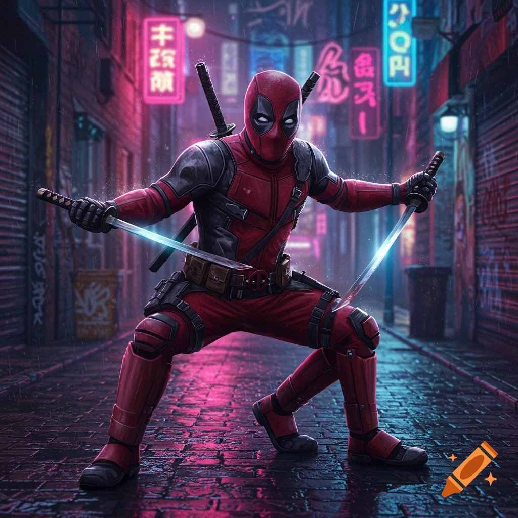 Deadpool in red and black suit, wielding two glowing katanas on a wet, neon-lit cyberpunk city street at night, digital art.