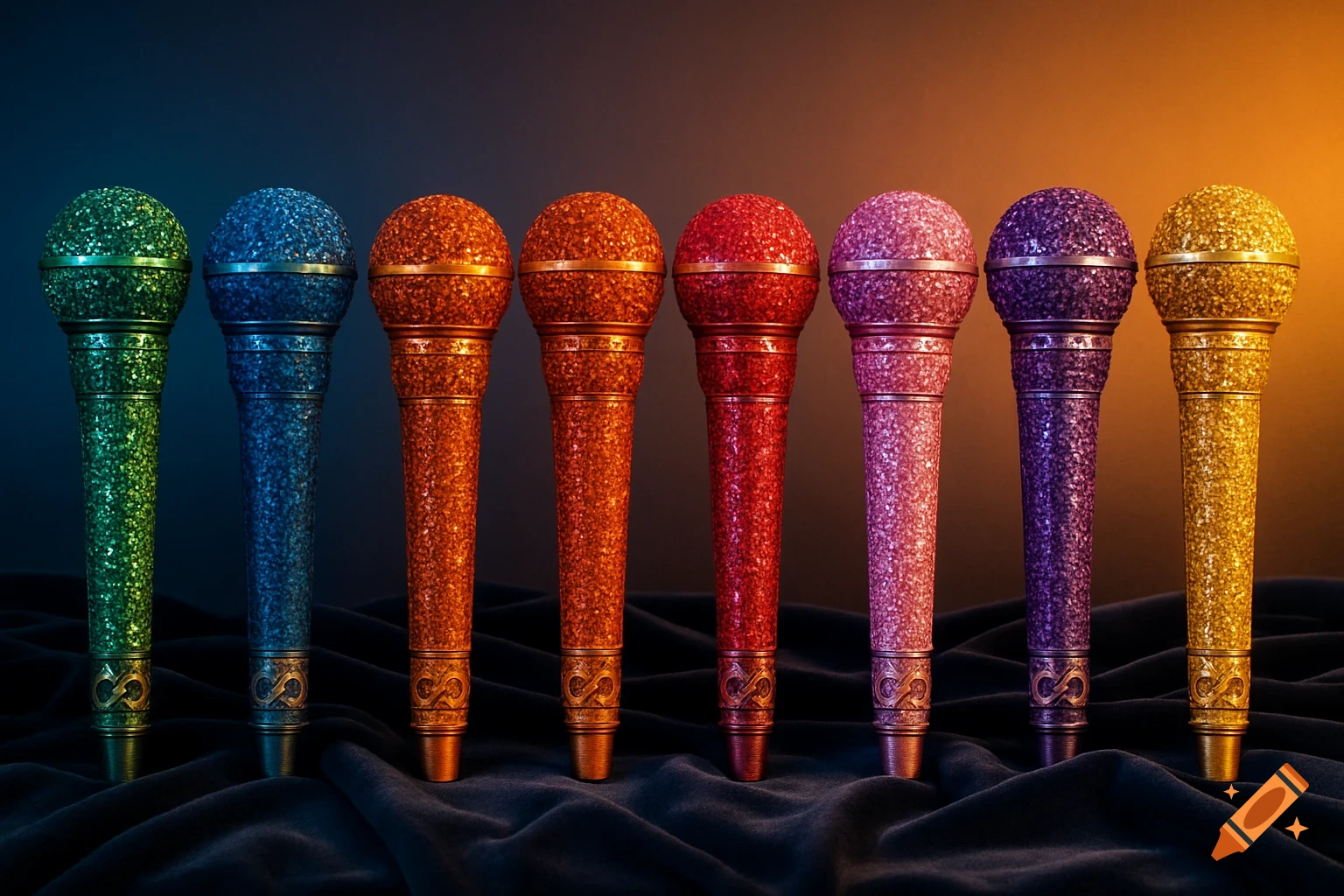 A row of colorful, glittery microphones with engraved bases, against a dark gradient background.