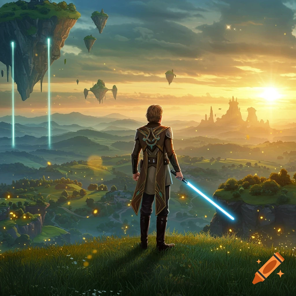 A character with a blue lightsaber stands on a hill, overlooking a fantasy landscape with floating islands and castles at sunset.