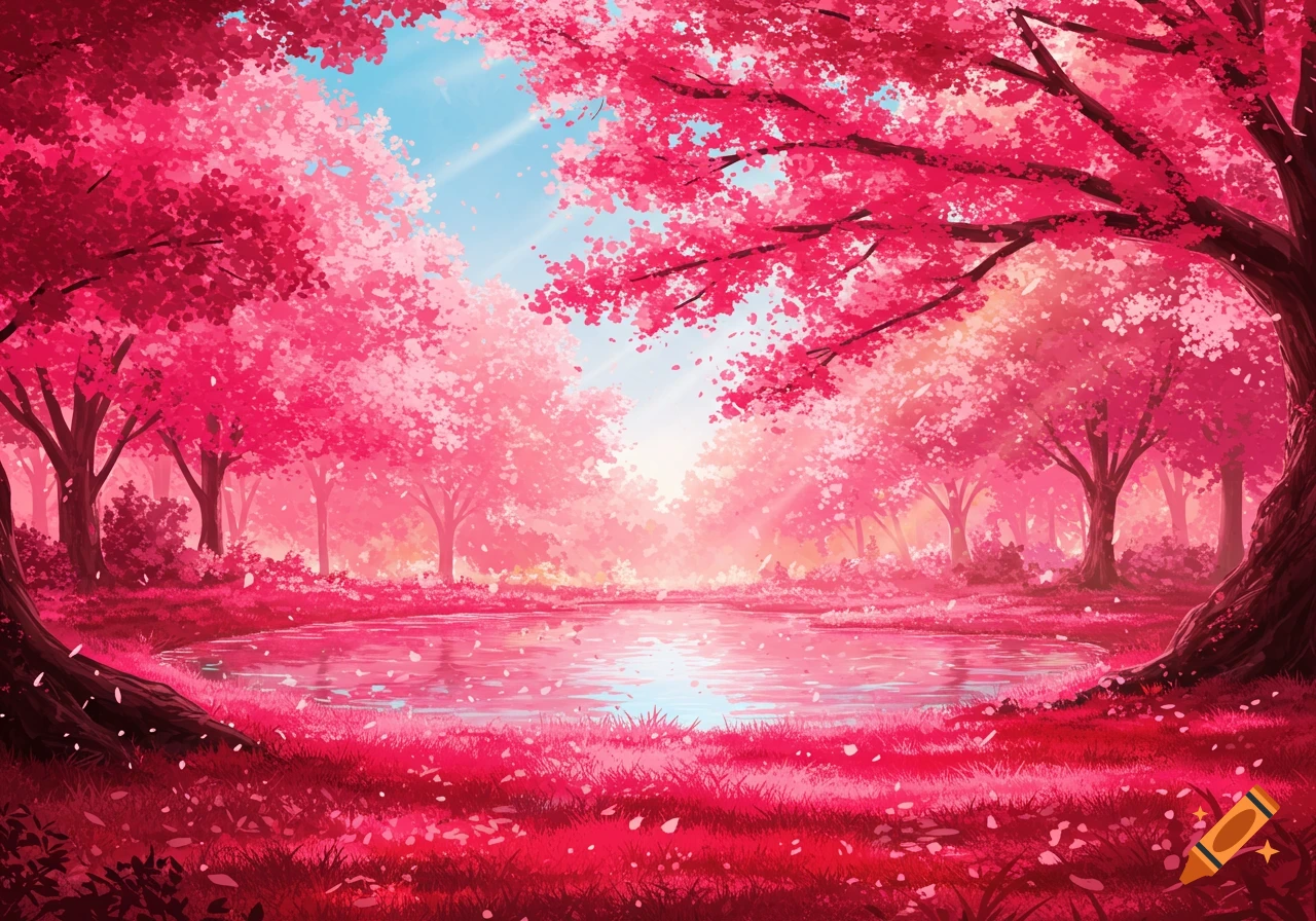A vibrant fantasy landscape with bright pink trees surrounding a reflective pond under a light blue sky, in an anime art style.