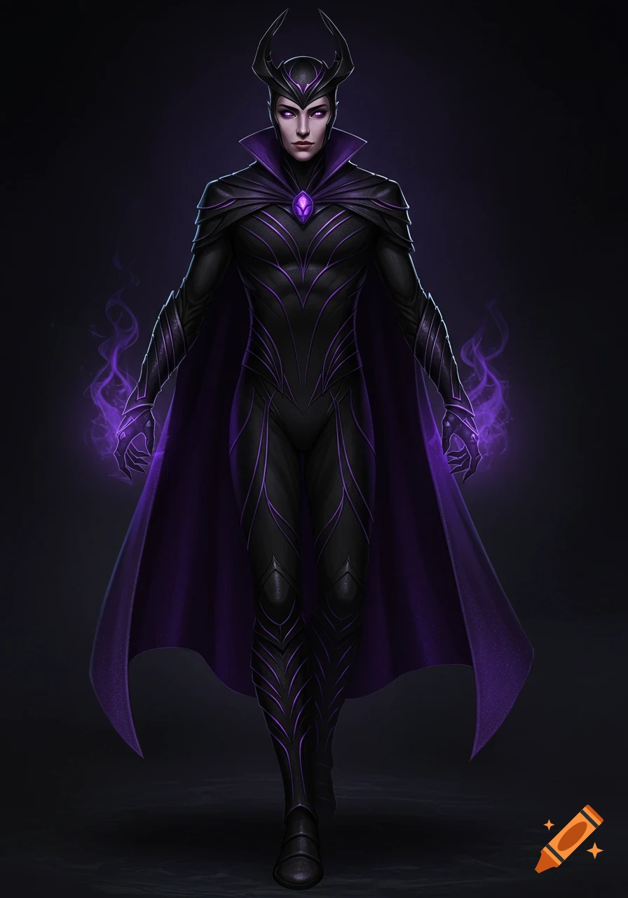 A mysterious figure in a black and purple horned suit with a cape, casting purple magical energy from their hands.