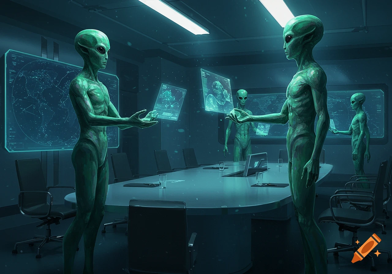 Green aliens in a futuristic meeting room, viewing holographic displays of data.