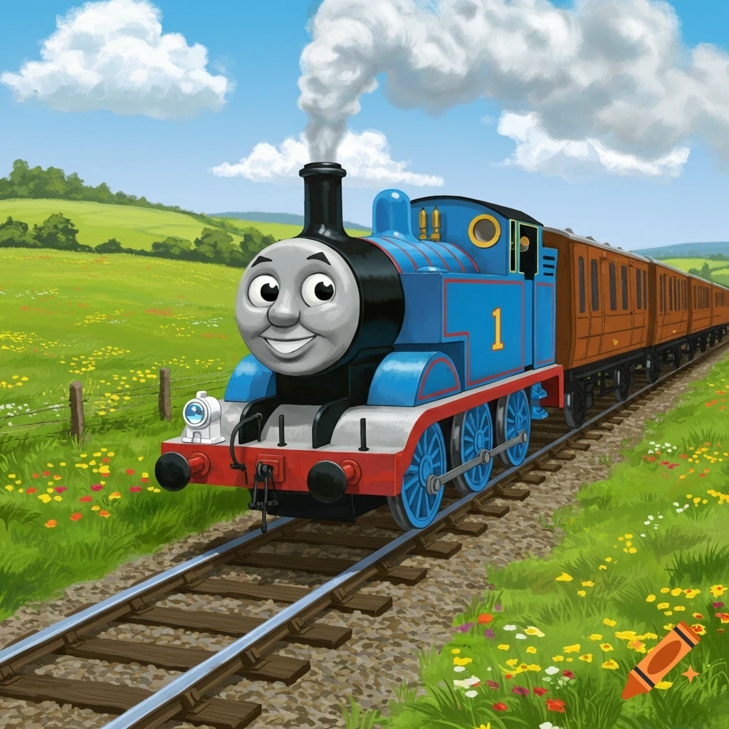 Thomas the Tank Engine on train tracks through green fields with a blue sky and white clouds.