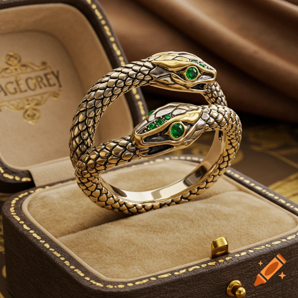 A gold-and-silver ring shaped like two snakes entwined, with green emerald eyes, resting in a brown velvet-lined jewelry box.