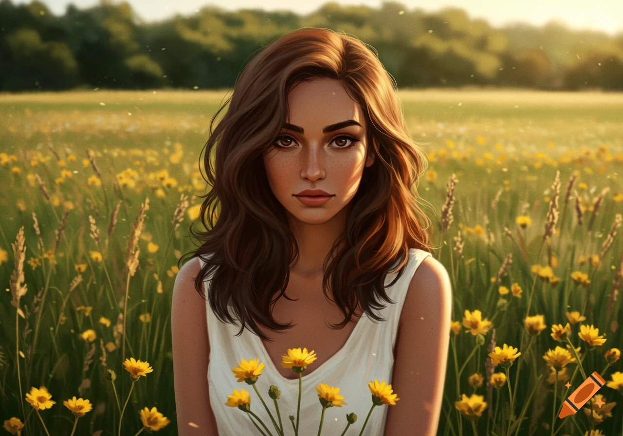 A woman with long brown hair and a white top stands in a field of yellow flowers under sunlight.