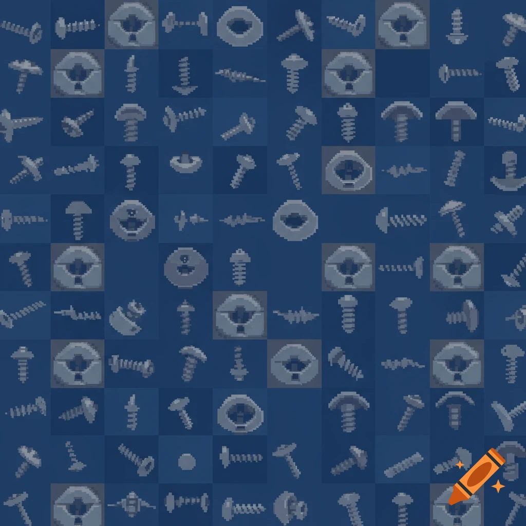 A retro pixelated background with a tiled pattern of various screw heads and bolts in shades of gray on a blue background.
