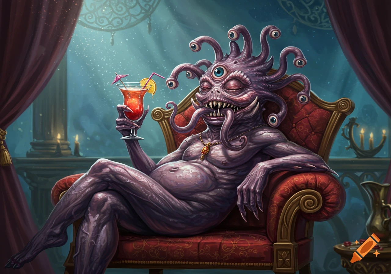 A purple, tentacled creature with multiple eyes and sharp teeth lounges in a red armchair, holding a red cocktail.