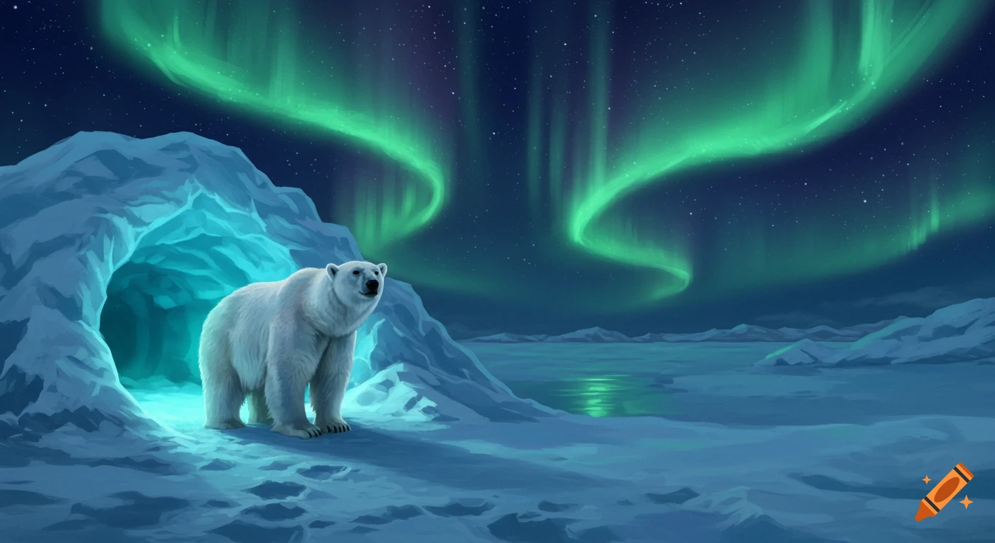 A majestic white polar bear stands at an ice cave entrance under a vibrant green aurora borealis in an arctic landscape.