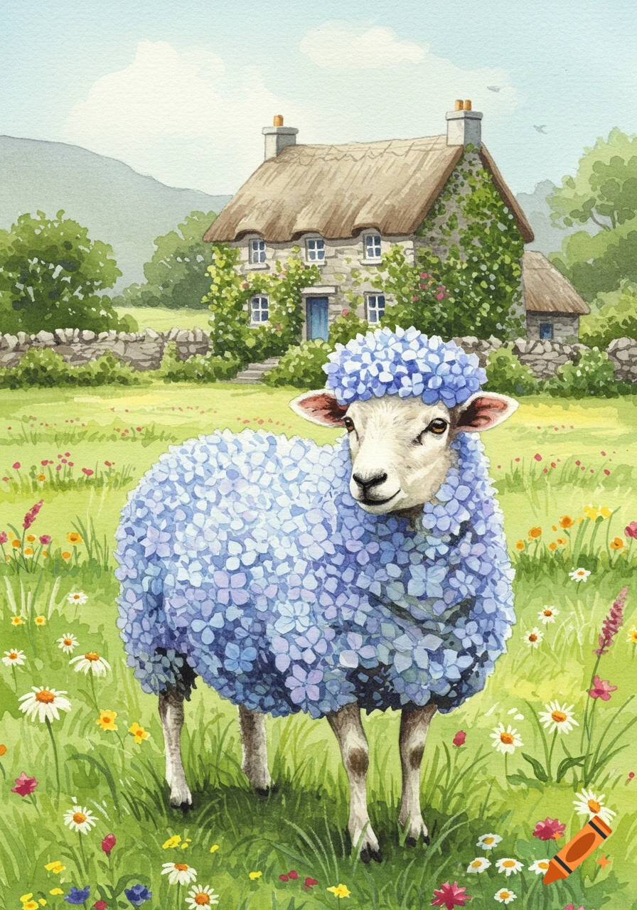 Watercolor of a sheep with wool made of blue hydrangea flowers standing in a green field with wildflowers near an Irish stone cottage.