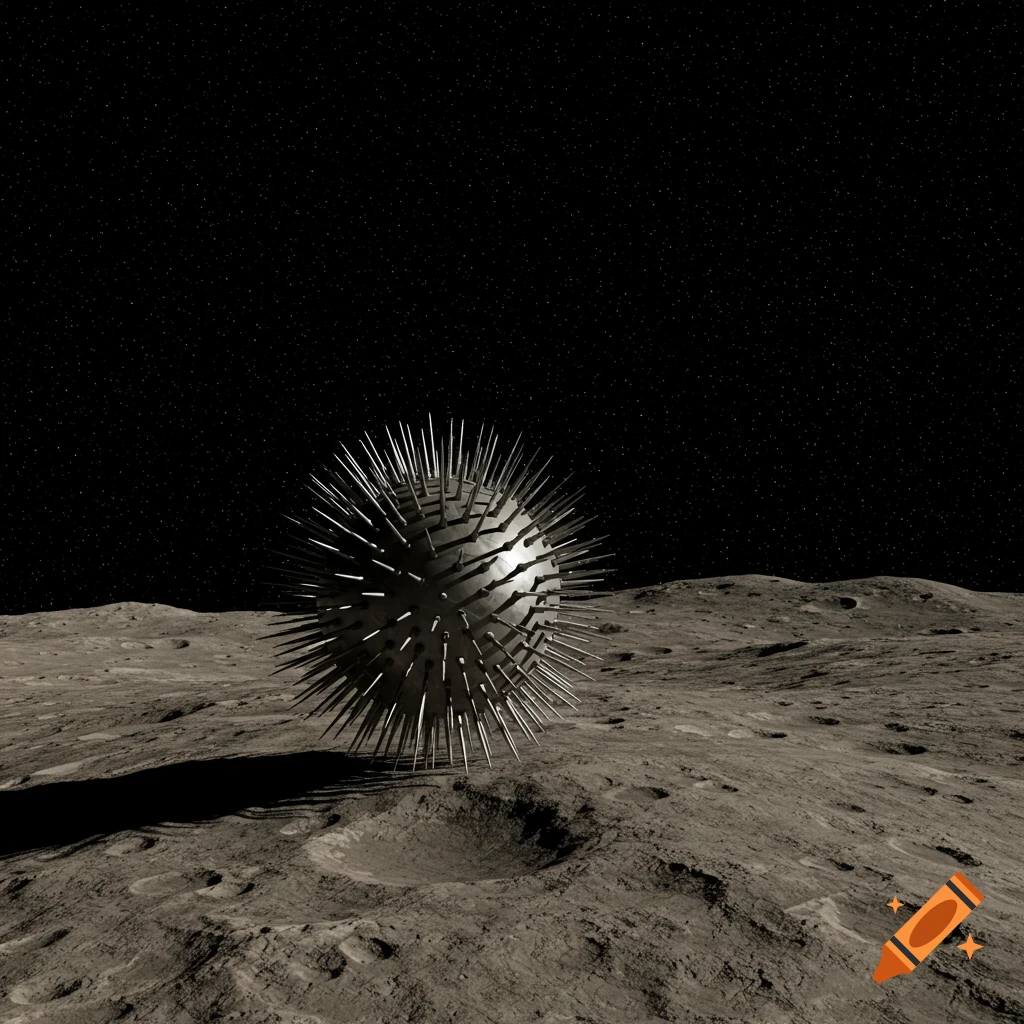 A photorealistic, spiked spherical robot stands on a rugged, cratered moon-like surface under a starry night sky.