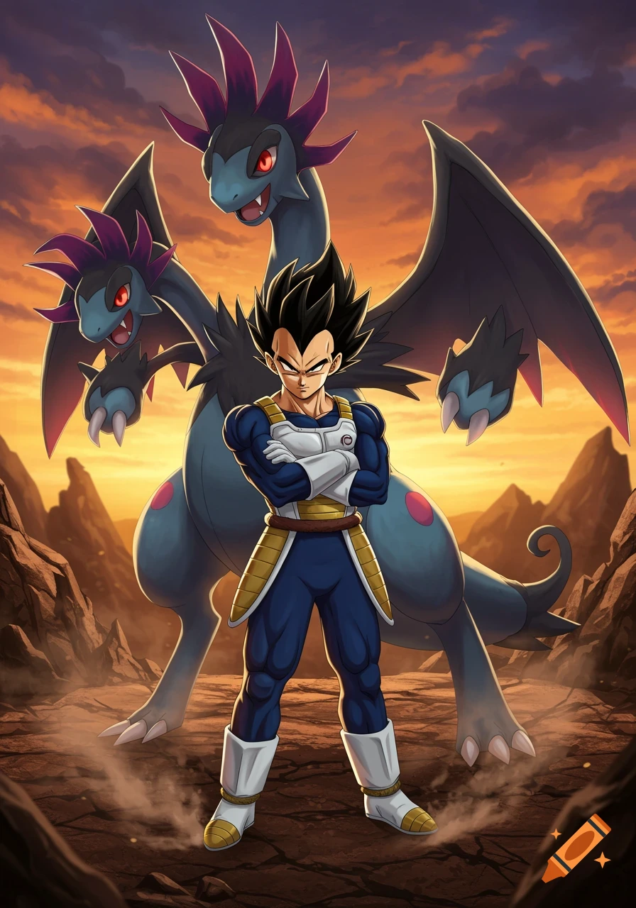 Vegeta from Dragon Ball stands confidently in a rocky landscape with Hydreigon from Pokémon behind him, under an orange sky.