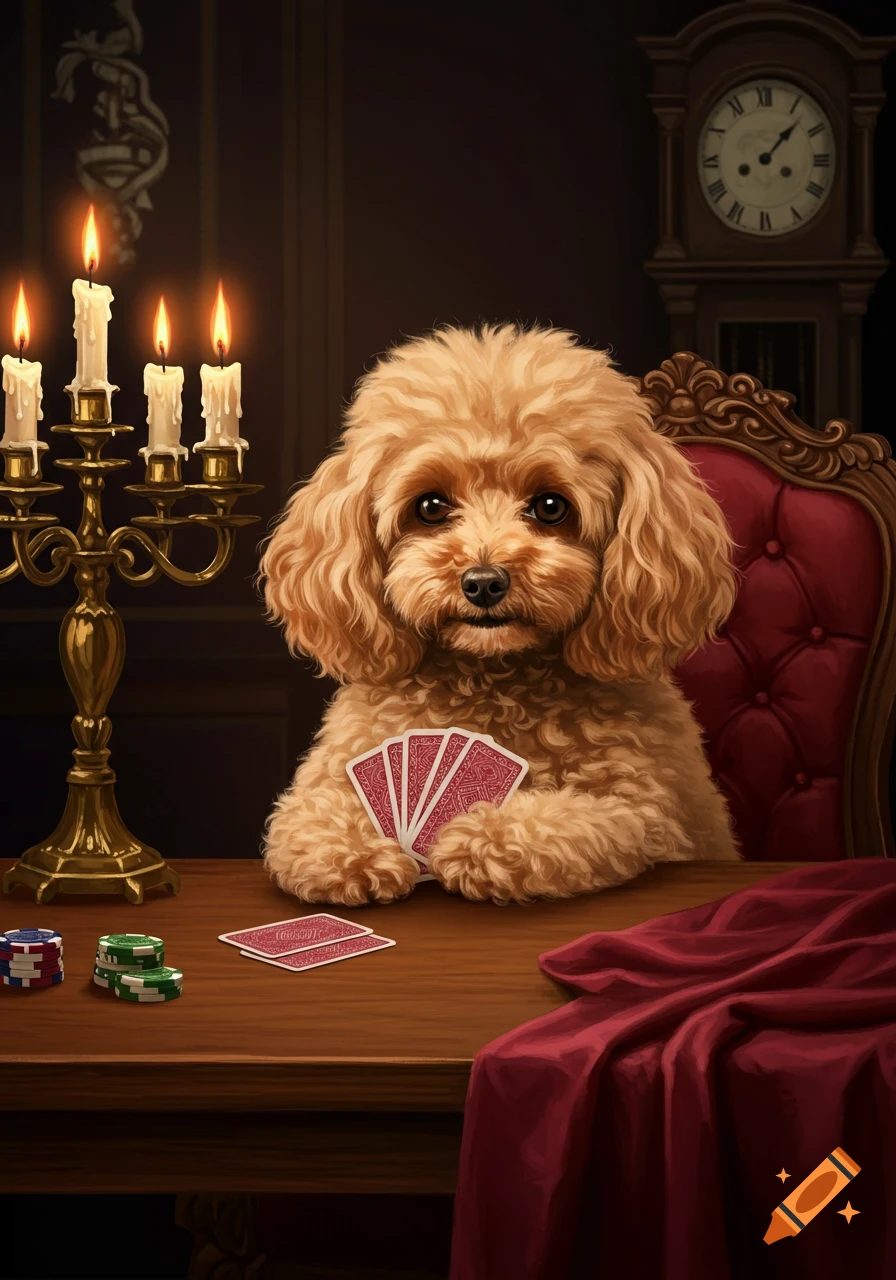 A sophisticated poodle sits at a wooden table in a dimly lit room, holding a fanned hand of red playing cards. A lit candelabra is on the left, and poker chips are on the table. A grandfather clock and red draped fabric are in the background.