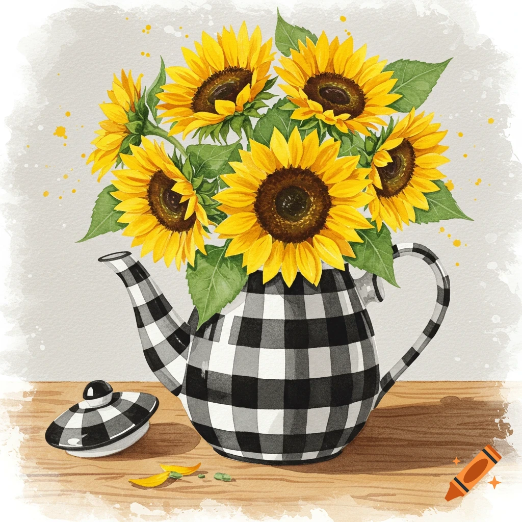A watercolor illustration of bright yellow sunflowers arranged in a black and white checked teapot on a wooden surface.